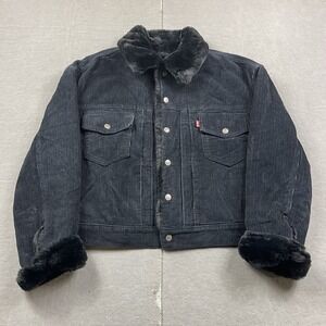 Levis Jacket Womens Medium Big E Modern Corduroy Fur Lined Black Trucker Type 3
